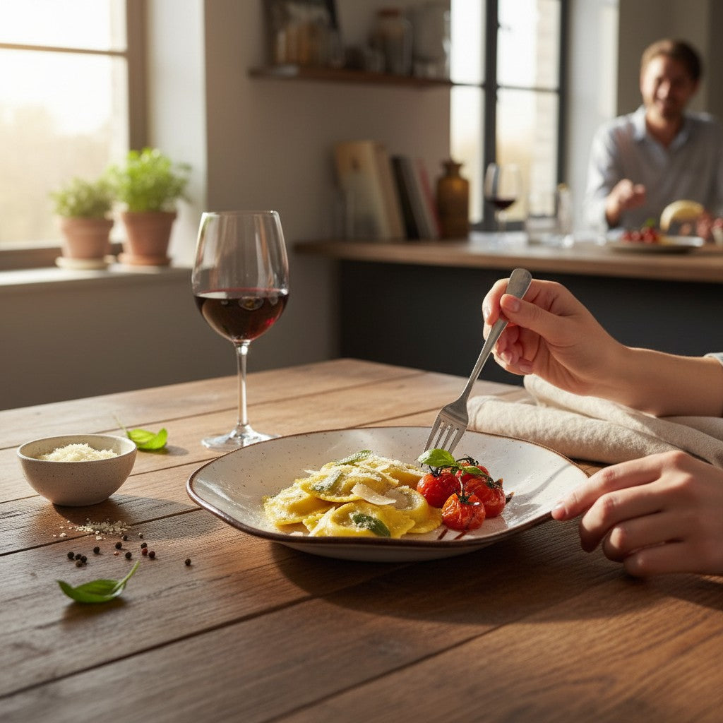 Aparelho de Jantar Cucinamup Oxford Maresia em porcelana branca e marrom com prato servido em mesa de madeira