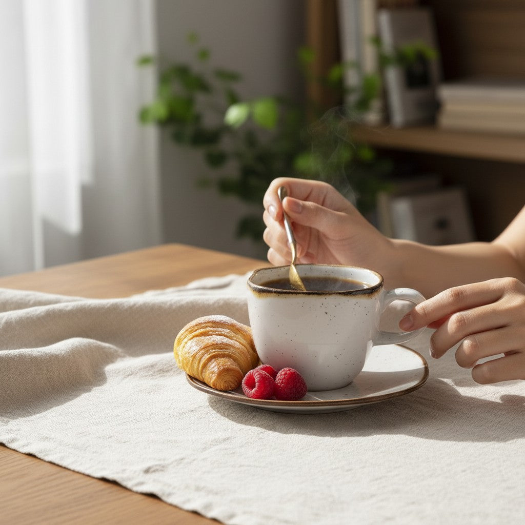 Aparelho de jantar Cucinamup Oxford Maresia com xícara de porcelana branca e marrom, pires, croissant e framboesas.