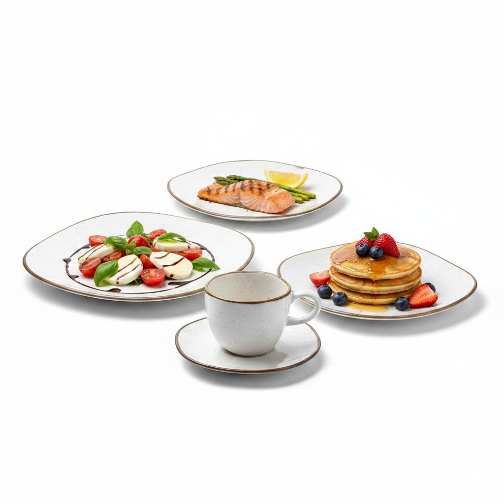 Aparelho de jantar Cucinamup Oxford Maresia em porcelana branca e marrom com pratos e xícara servidos com alimentos.