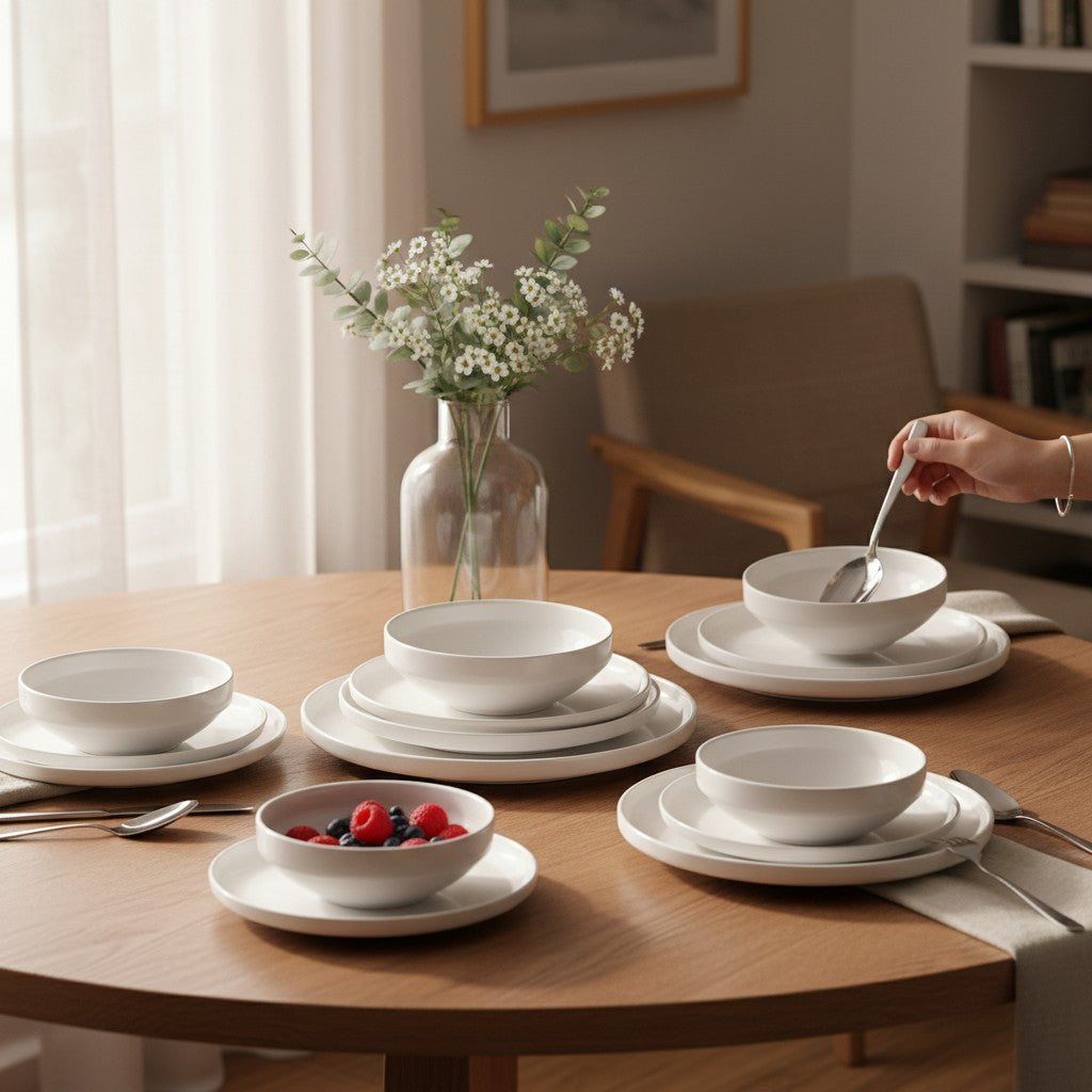 Aparelho de jantar Cucinamup de porcelana branca com pratos e bowls dispostos em mesa de madeira para refeição
