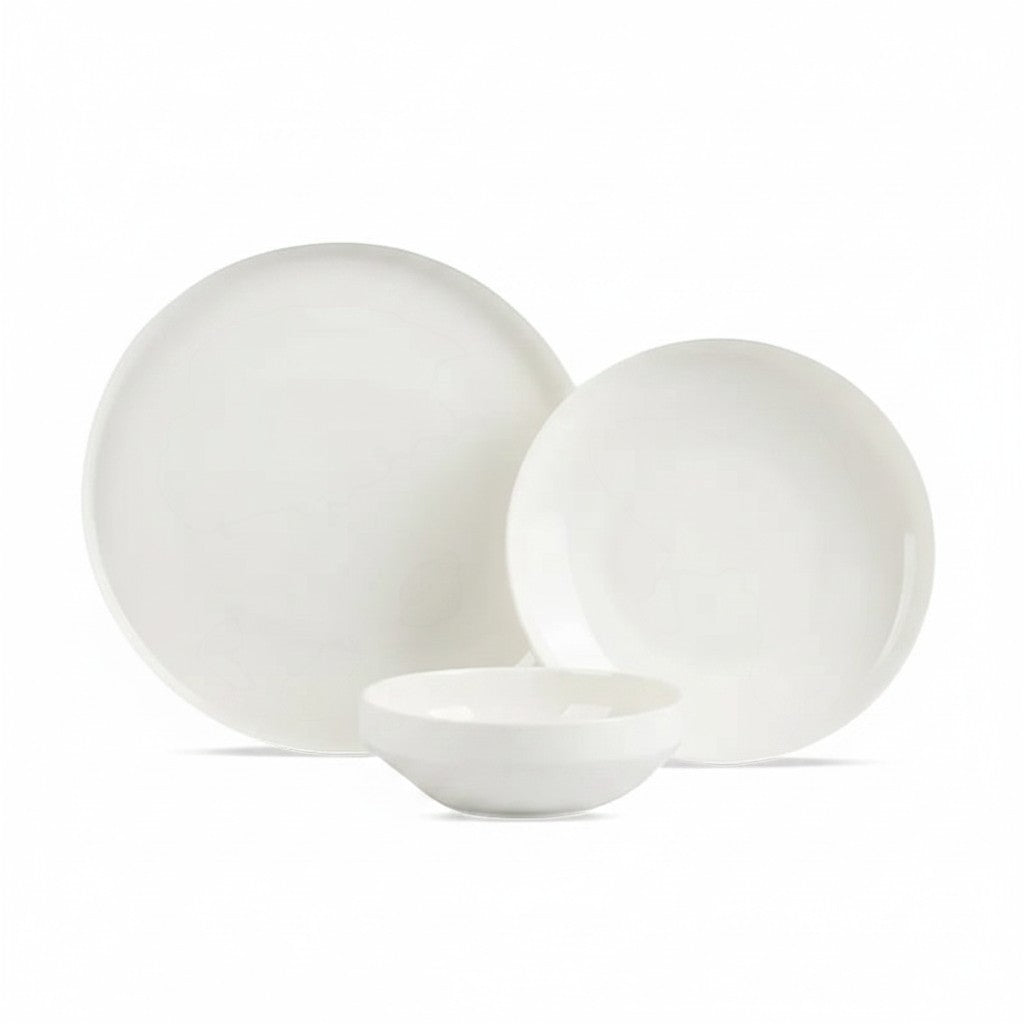 Aparelho de jantar Cucinamup SOLECASA em porcelana branca premium com pratos rasos, de sobremesa e bowl minimalistas.