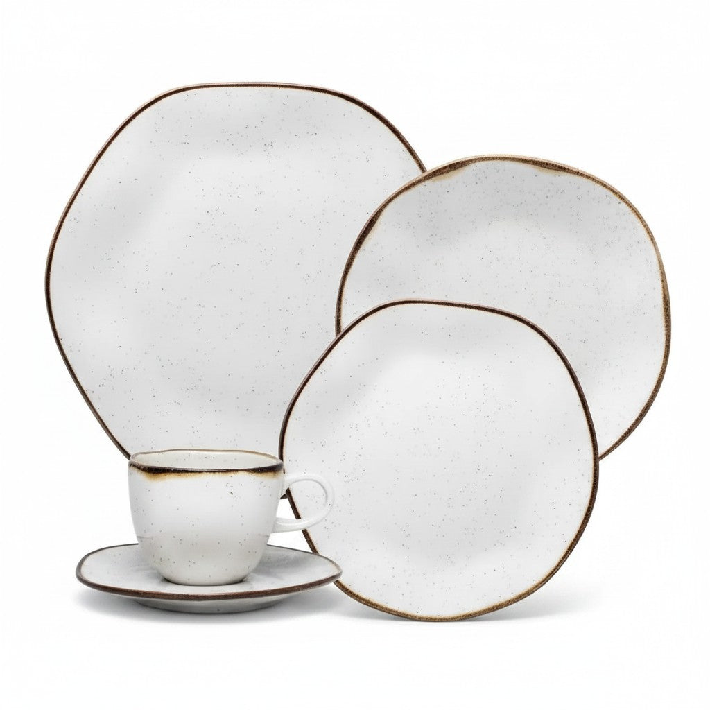 Aparelho de jantar Cucinamup Oxford Maresia em porcelana branca com detalhes marrons e acabamento salpicado