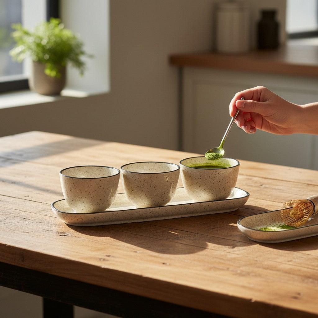 Conjunto para servir Cucinamup Oxford Breeze em cerâmica bege com travessa retangular e três bowls sobre mesa de madeira