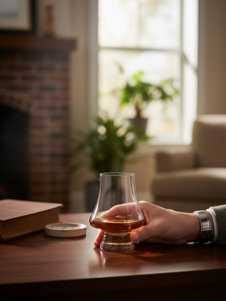 Mão segurando copo de cristal para whisky Cucinamup de 250ml sobre mesa de madeira em ambiente sofisticado