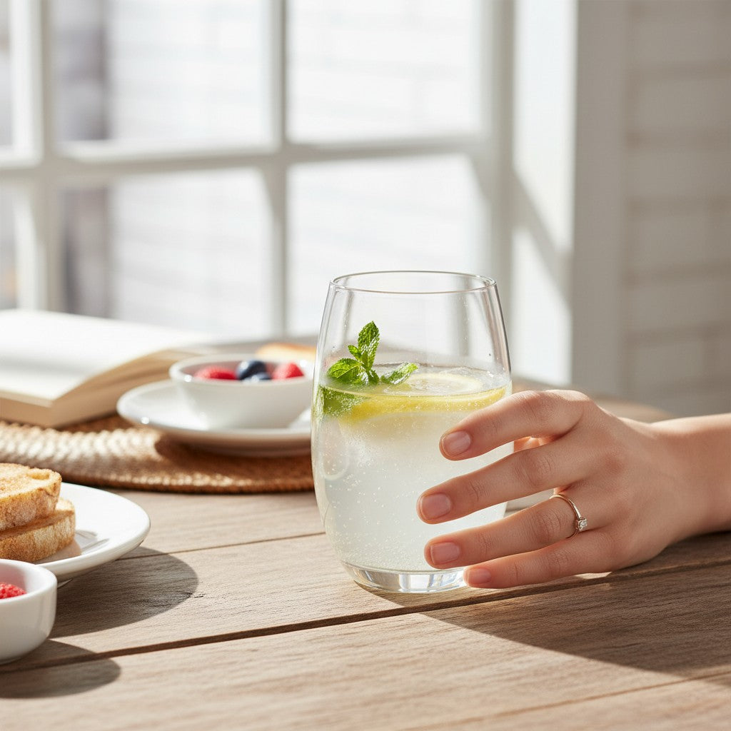 Mão segurando copo de vidro Nadir Aruba 465ml com drink refrescante em mesa de madeira, estilo Cucinamup.