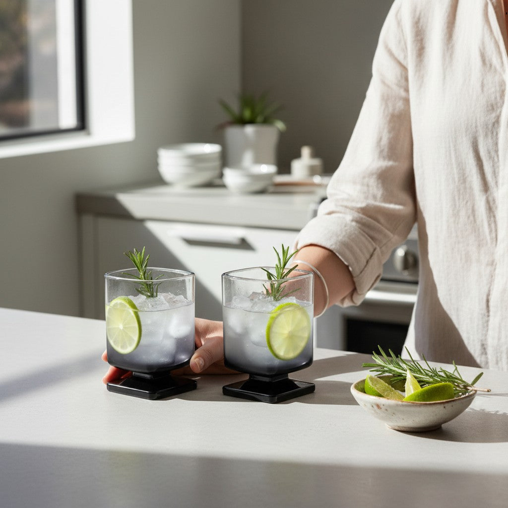 Dois copos de vidro quadrados Cucinamup com degradê preto, servidos com drink, gelo, limão e alecrim em bancada iluminada.