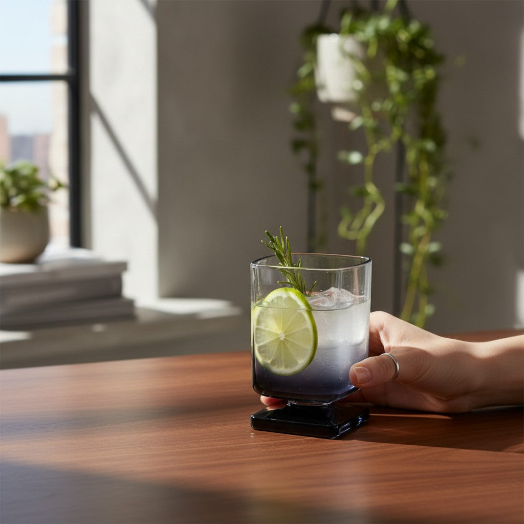 Copo de vidro quadrado Cucinamup com degradê preto, contendo drink com limão e alecrim sobre mesa de madeira