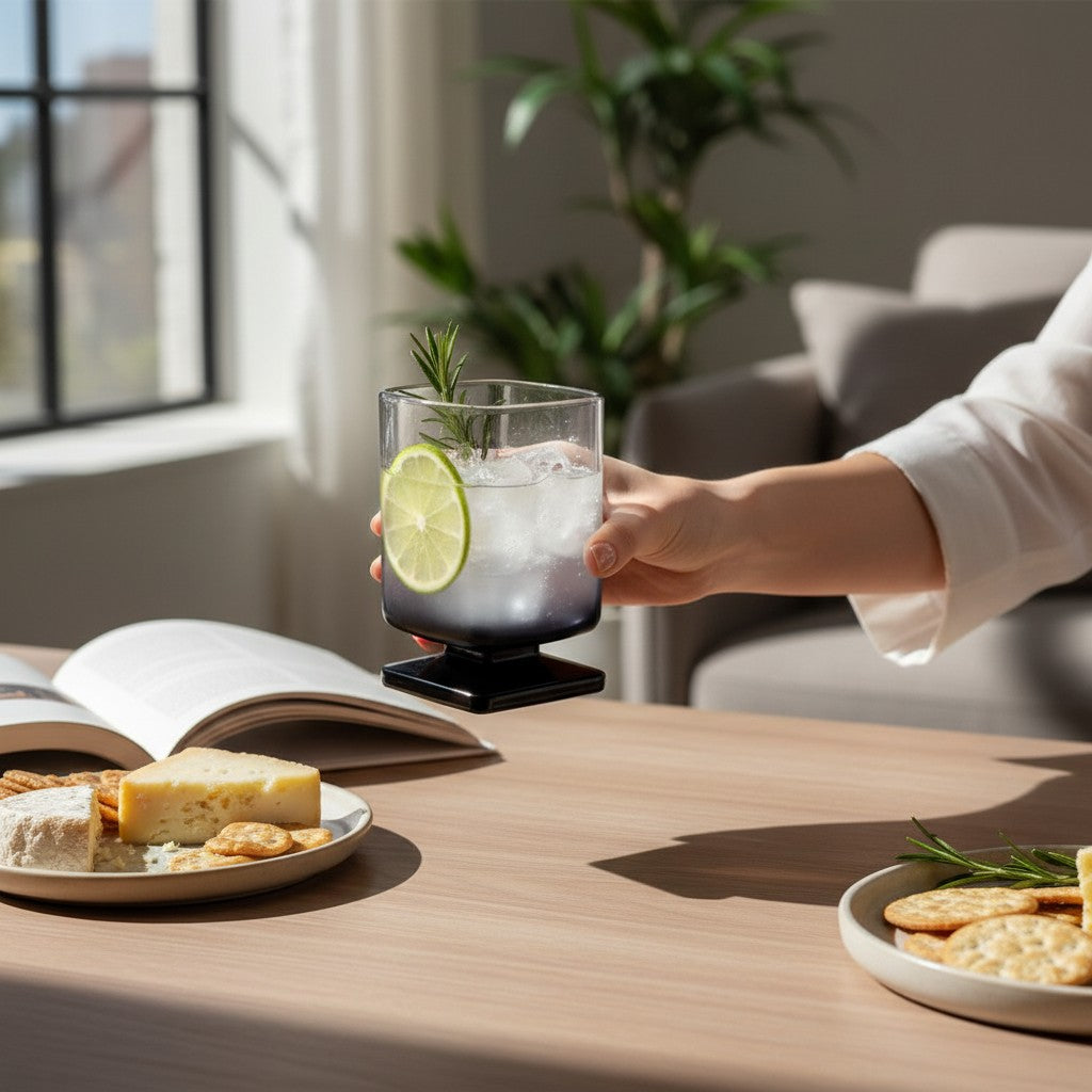 Copo de vidro quadrado com degradê preto Cucinamup servindo drink com limão em mesa de madeira iluminada