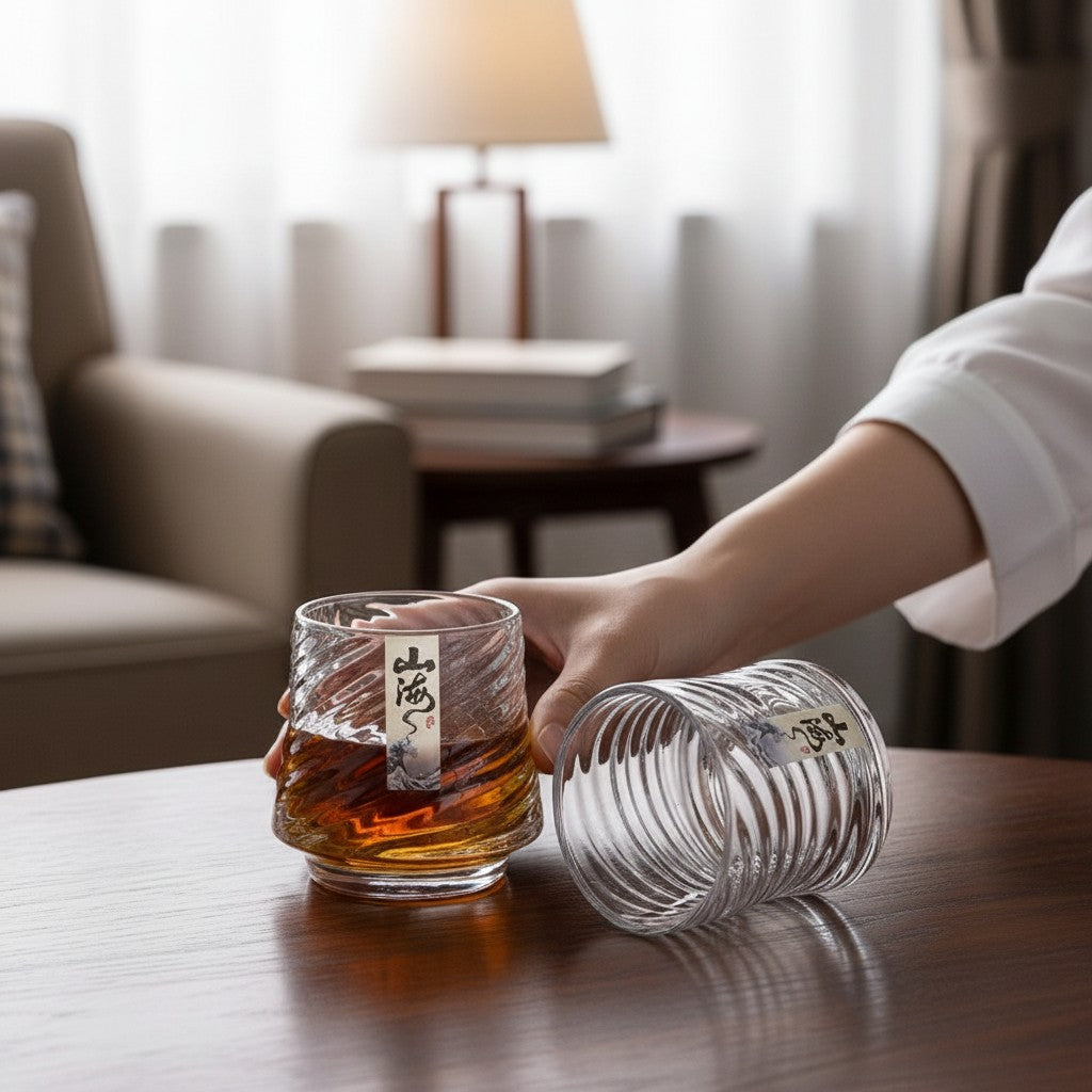 Copo de vidro premium Cucinamup com relevo espiral, ideal para whisky e drinks em mesa de madeira.