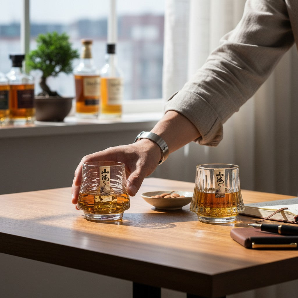 Mão segurando copo de vidro premium Cucinamup com whisky sobre mesa de madeira em ambiente sofisticado e iluminado