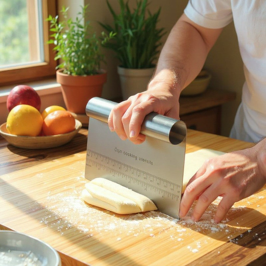 Espátula cortadora de massa Cucinamup em aço inox com régua de medição sendo usada para cortar massa em bancada
