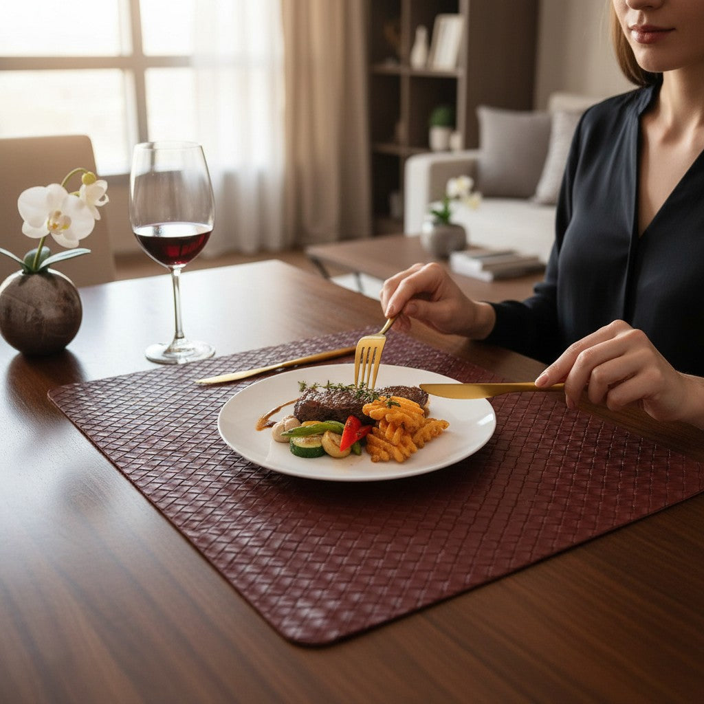 Jogo americano Cucinamup bordô em couro sintético trançado, impermeável e resistente ao calor em uma mesa posta.