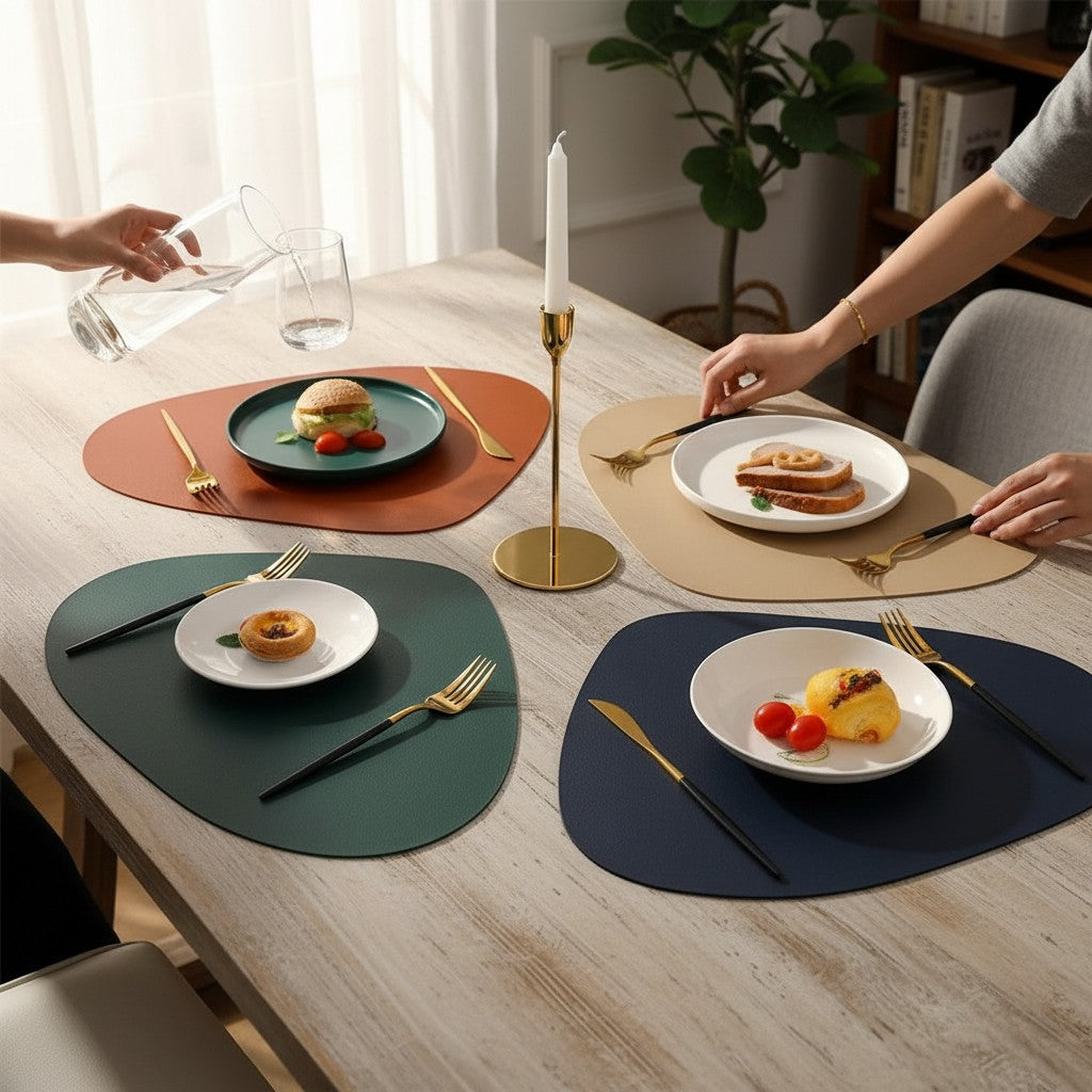 Jogo americano Cucinamup em formato de gota, feito de couro sintético premium, em cores variadas sobre mesa de jantar.