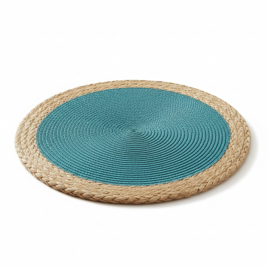 Jogo americano redondo trançado Cucinamup em azul pavão e fibra natural, 38cm, resistente e elegante para mesa posta.