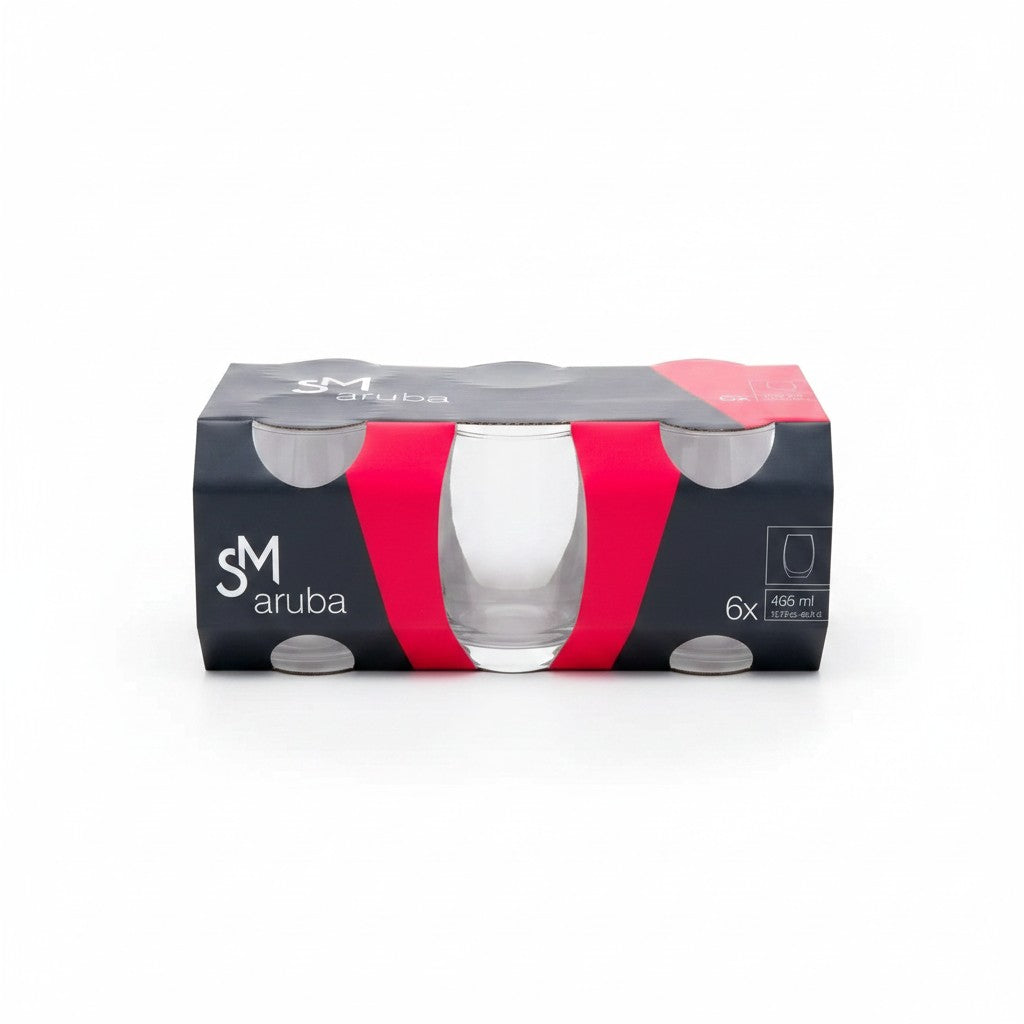 Kit com 6 copos de vidro Nadir Aruba 465ml na embalagem original da loja Cucinamup