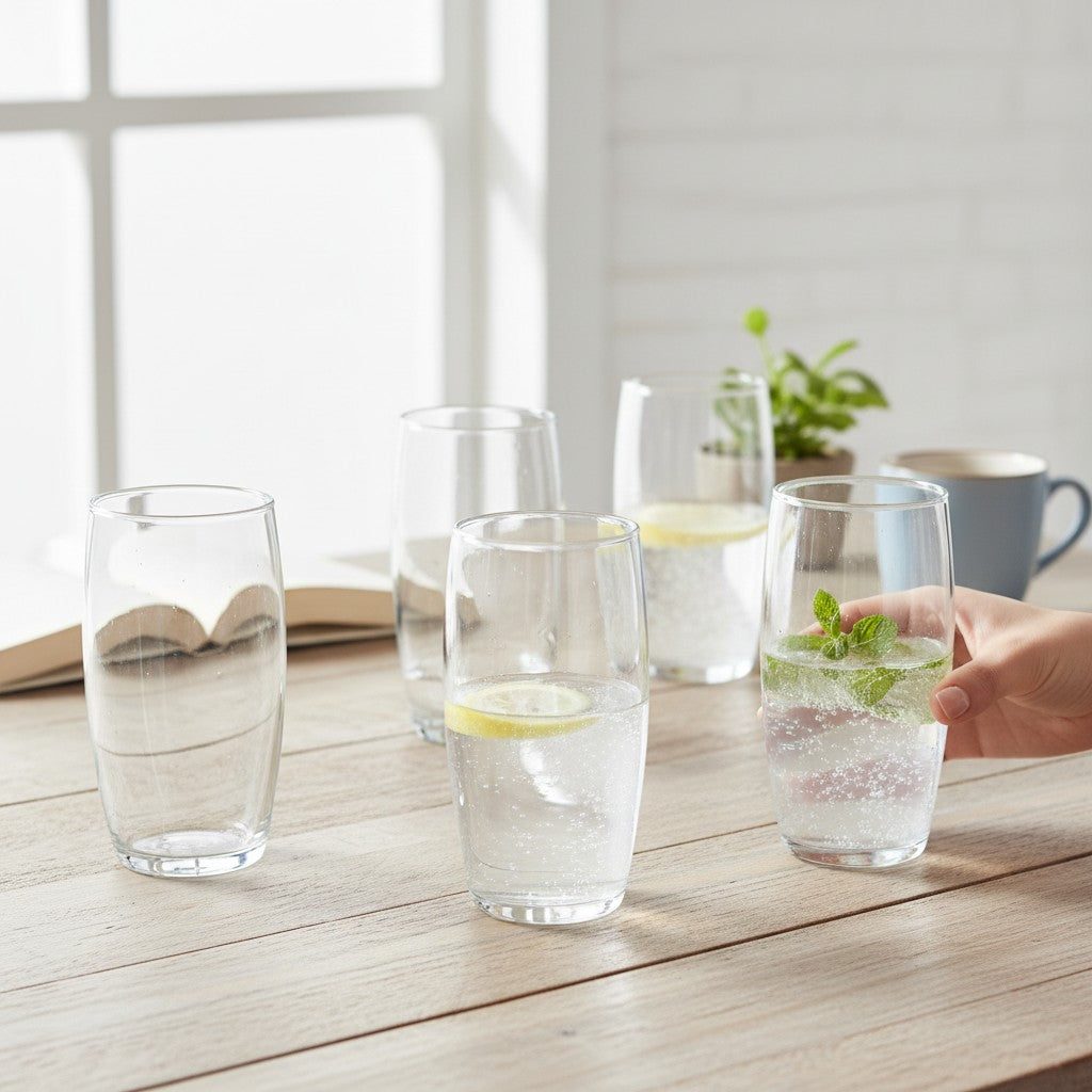 Jogo de 6 copos de vidro Nadir Hollow Long Drink 300ml da Cucinamup sobre mesa de madeira com bebidas refrescantes.