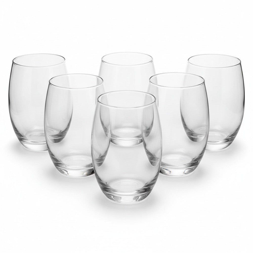 Kit com 6 copos de vidro transparentes Nadir Aruba de 465ml, design moderno e base reforçada, vendido por Cucinamup.