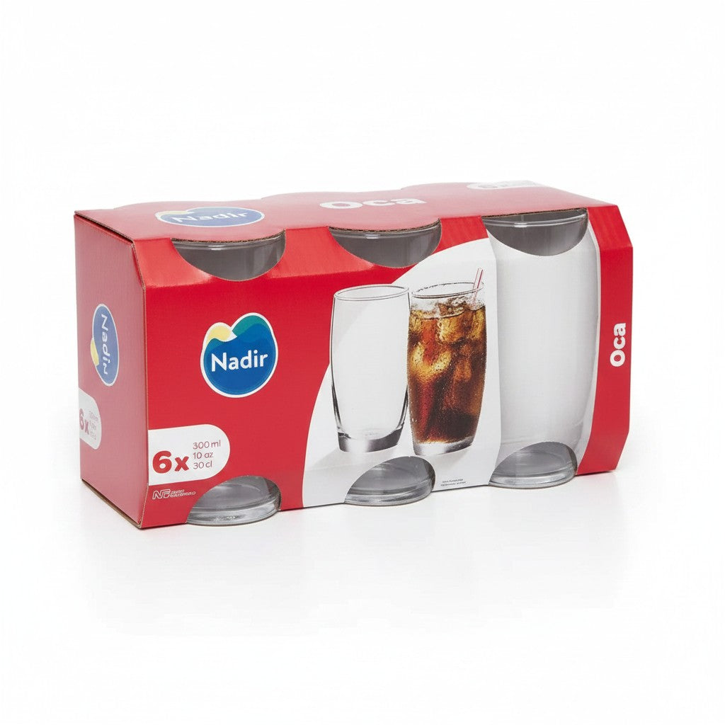 Kit com 6 copos de vidro Nadir Hollow 300ml em embalagem promocional da Cucinamup para bebidas diversas.
