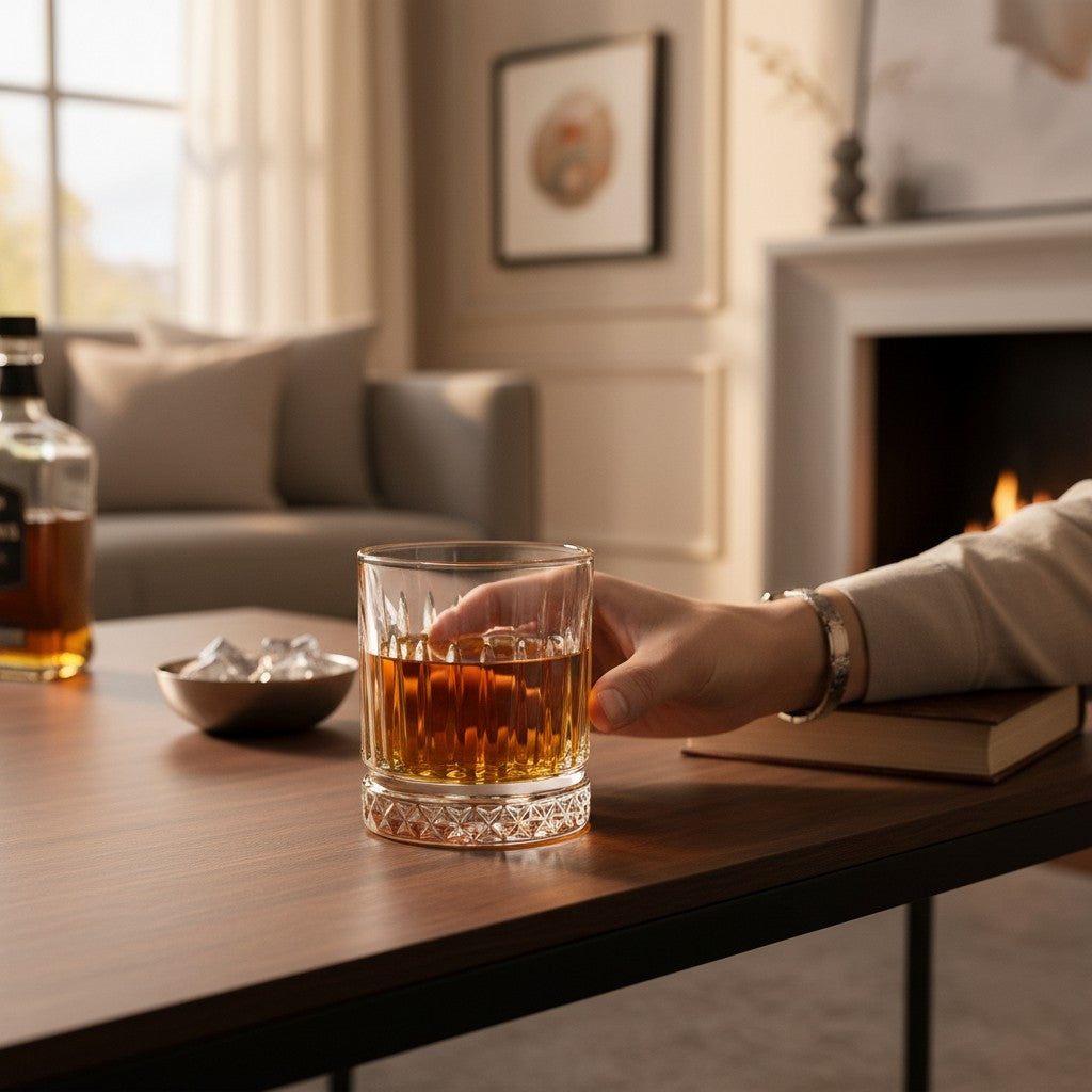 Jogo de copos baixos de vidro Cucinamup Prince com 360ml, design elegante e texturizado, ideal para whisky e drinks.