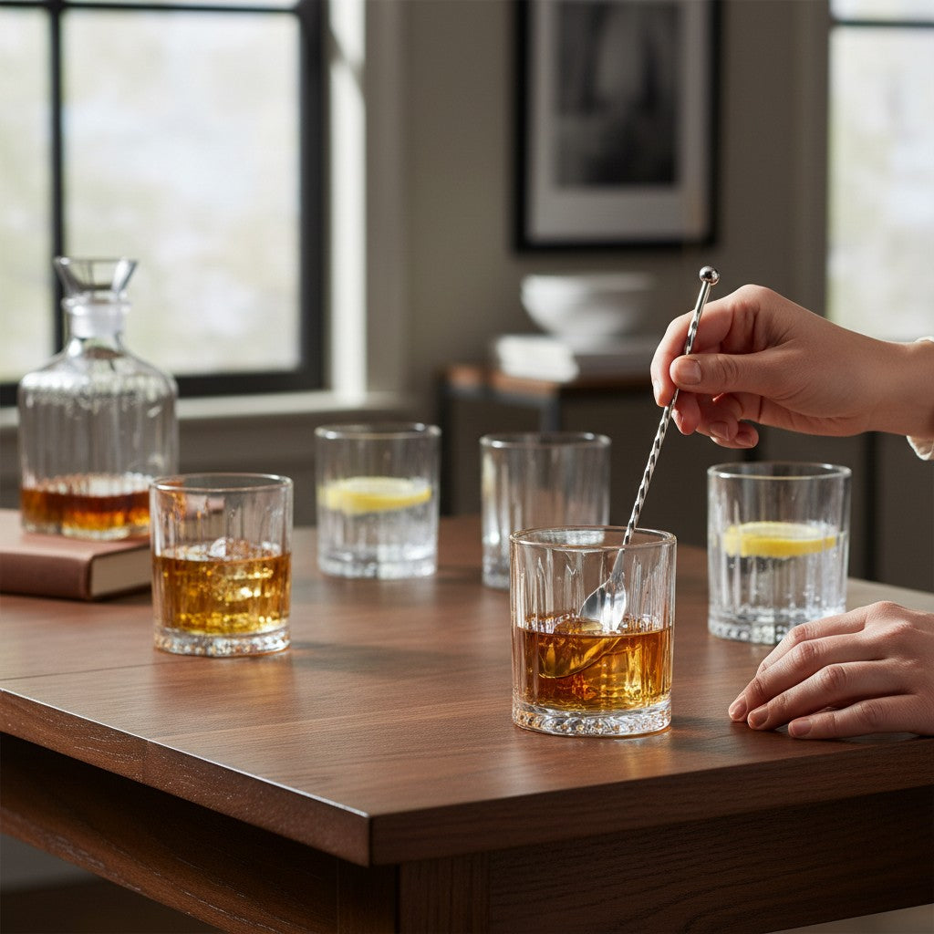 Kit com 6 copos de vidro baixos Cucinamup Haus Concept Prince 360ml em mesa de madeira com drinks e colher bailarina