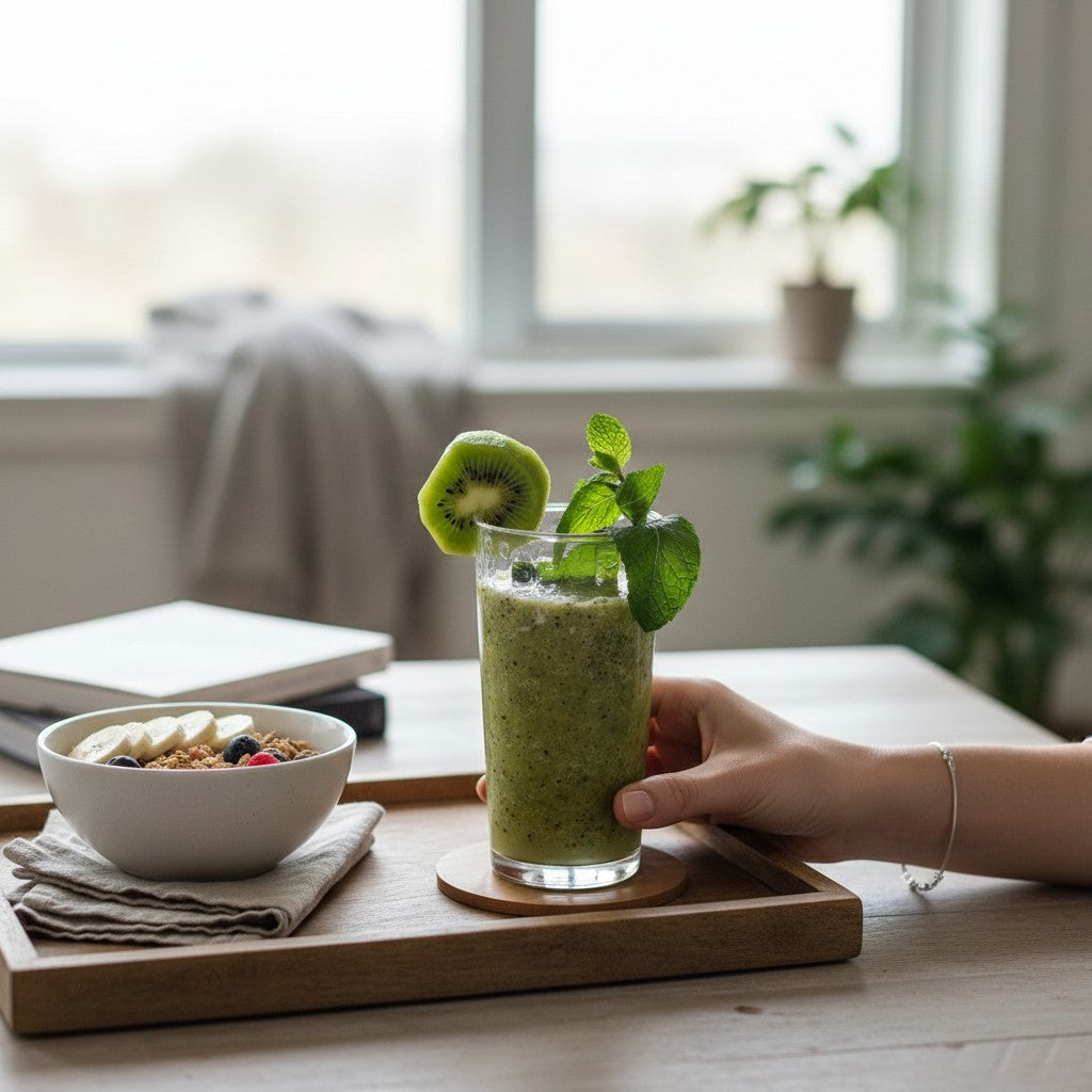 Cucinamup jogo de copos Haus Concept Waffle com suco verde, decorado com kiwi e hortelã em uma mesa de café da manhã.