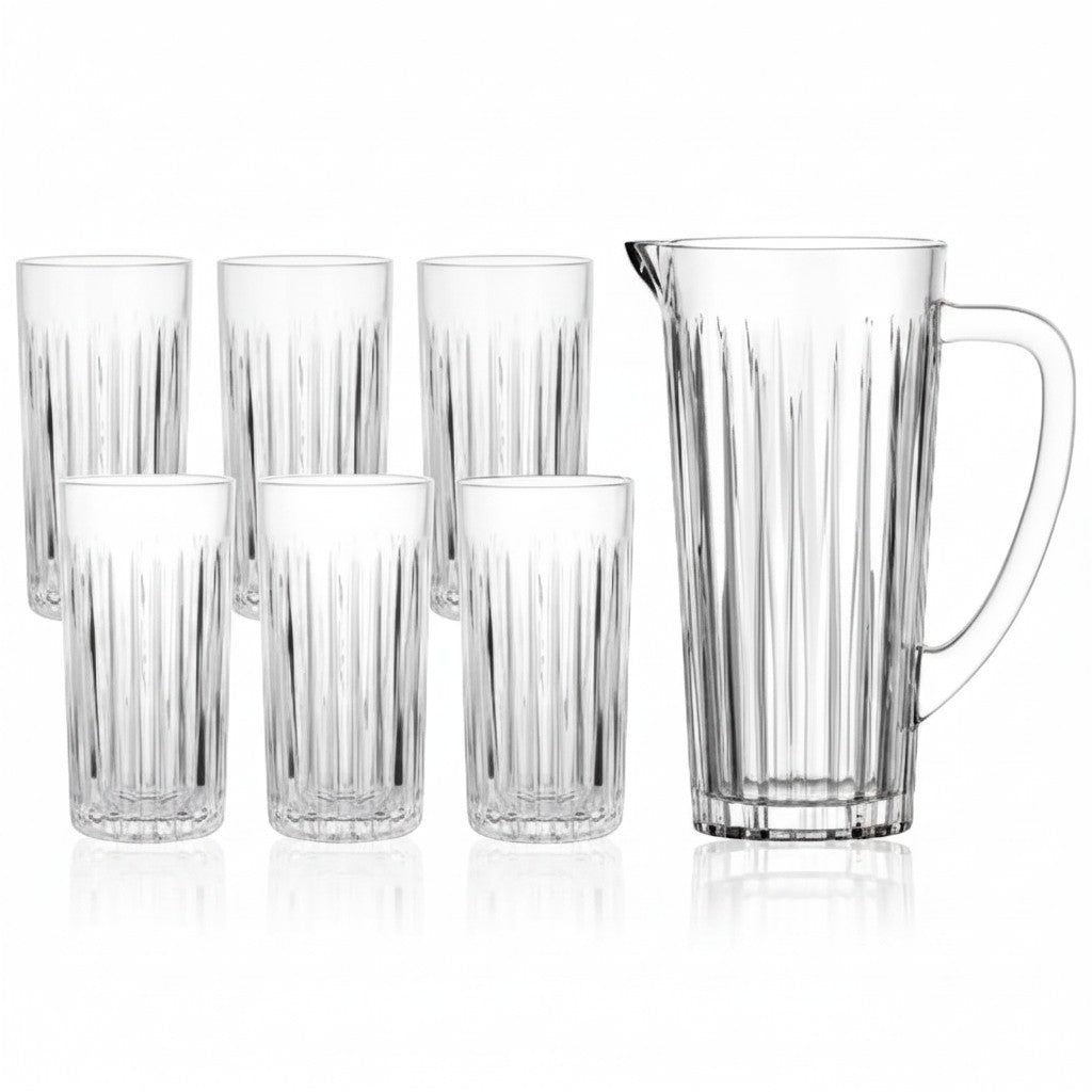 Jogo de jarra e copos Cucinamup Filetto em vidro transparente com design canelado, contendo 1 jarra e 6 copos.