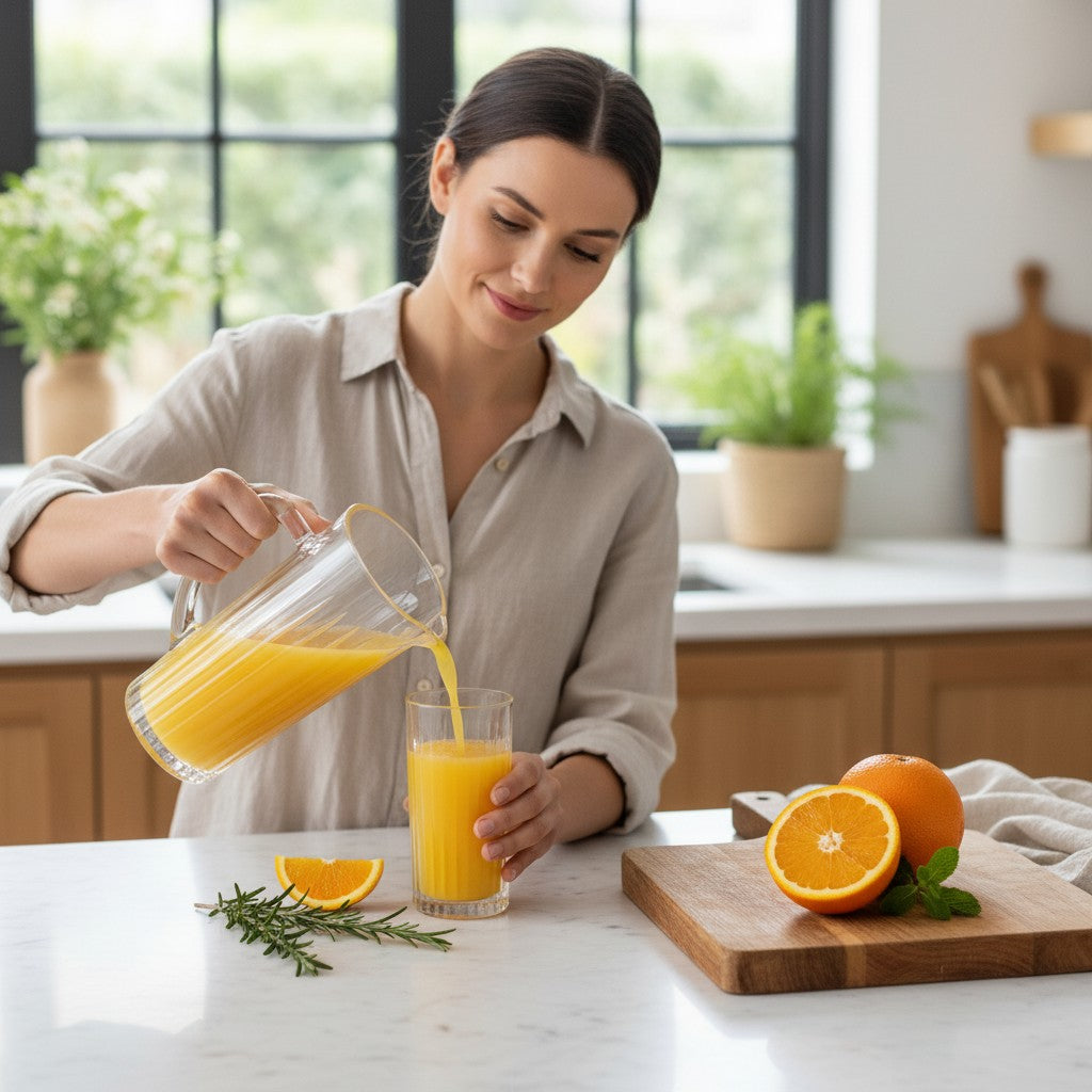 Mulher servindo suco de laranja em copo do jogo Haus Concept Filetto da Cucinamup em uma cozinha iluminada
