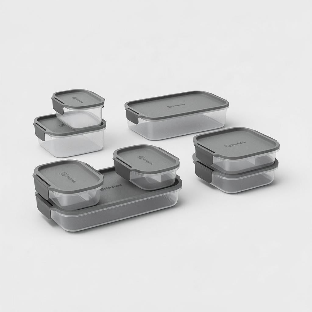 Jogo de 8 potes herméticos Cucinamup Electrolux Experience em plástico cinza, modulares e empilháveis.