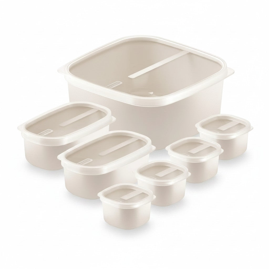 Jogo de 7 potes herméticos Cucinamup Tramontina MixColor na cor cotton, feitos em polipropileno livre de BPA.
