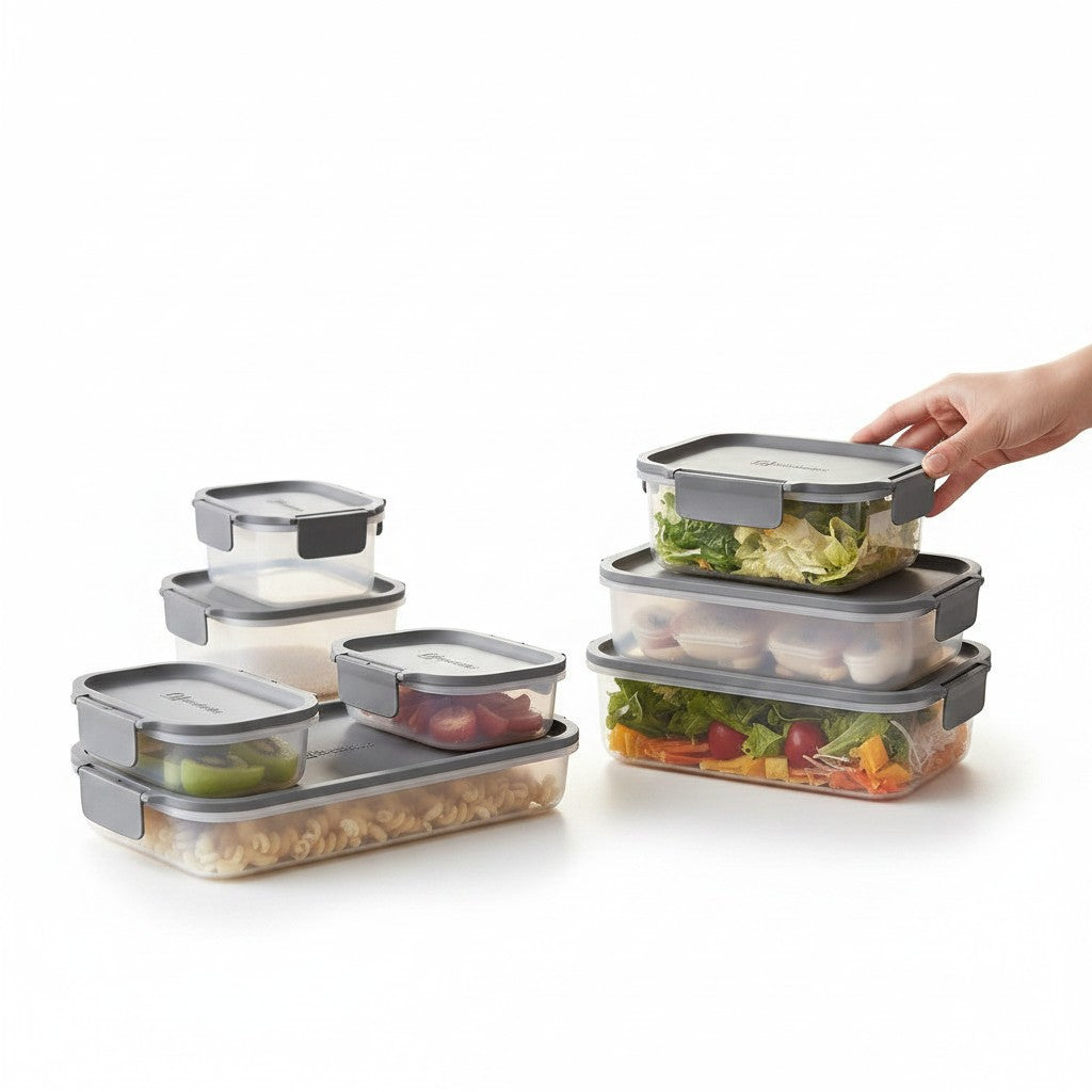 Jogo de potes herméticos Cucinamup Electrolux Experience com 8 peças retangulares cinzas empilháveis para organização.