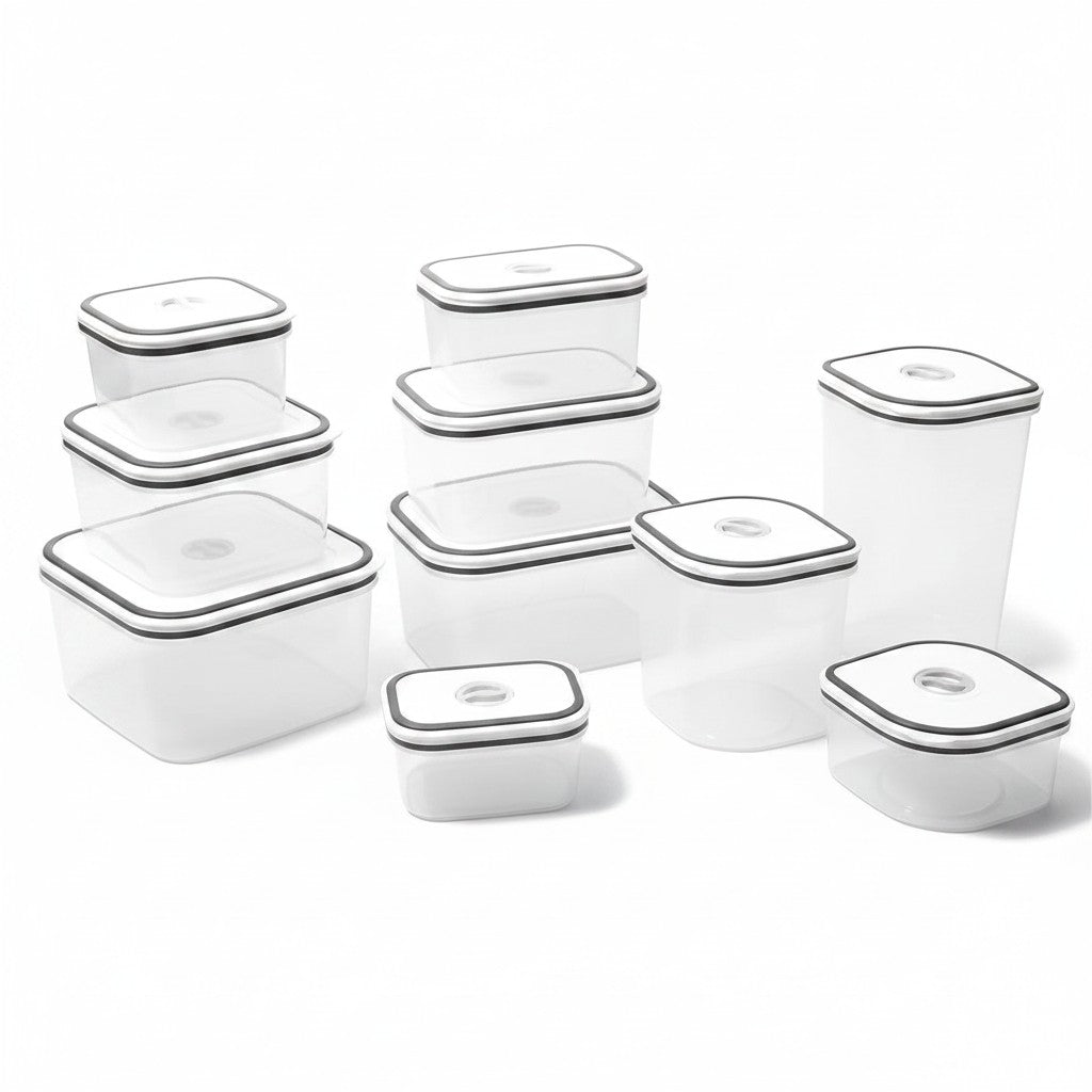 Jogo de 10 potes herméticos Cucinamup Electrolux de plástico transparente com vedação de borracha e tampa easy-open.