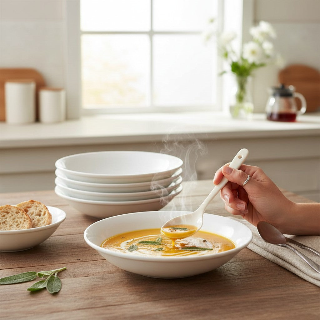 Jogo de pratos fundos Cucinamup Tramontina Sophia em porcelana branca, servindo sopa em mesa de madeira.