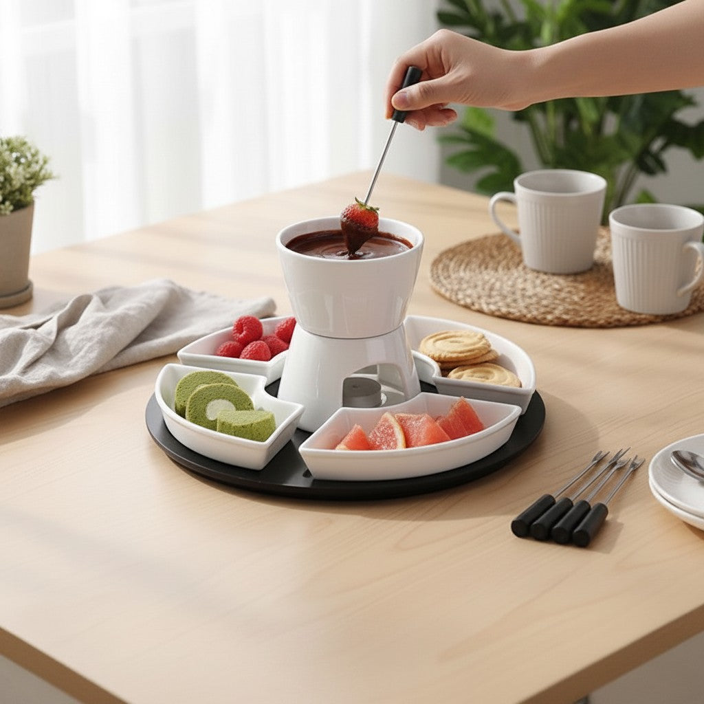 Kit para fondue Cucinamup em cerâmica branca com panela, suporte, quatro garfos e bandejas para acompanhamentos.