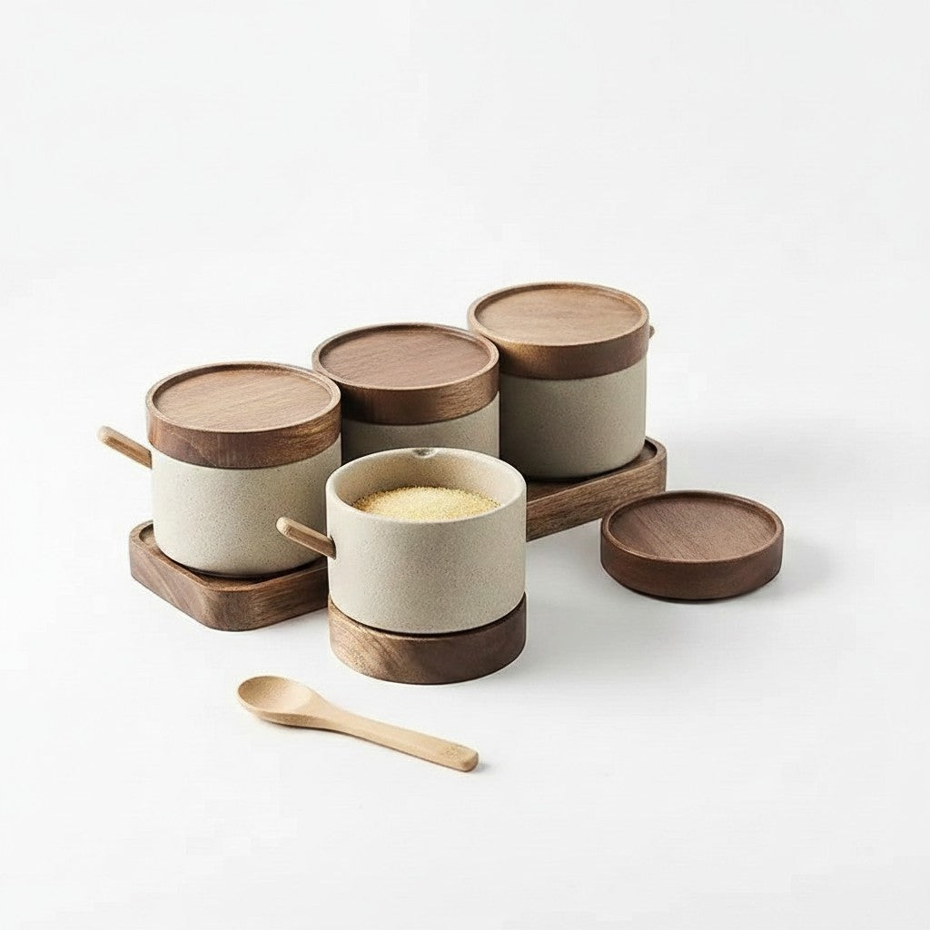 Kit porta temperos Cucinamup em cerâmica fosca com tampas e base de madeira, incluindo colheres para condimentos.