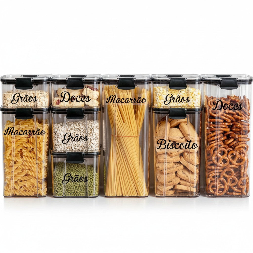 Kit de 9 potes herméticos Cucinamup transparentes com travas, contendo alimentos secos e etiquetas de identificação.
