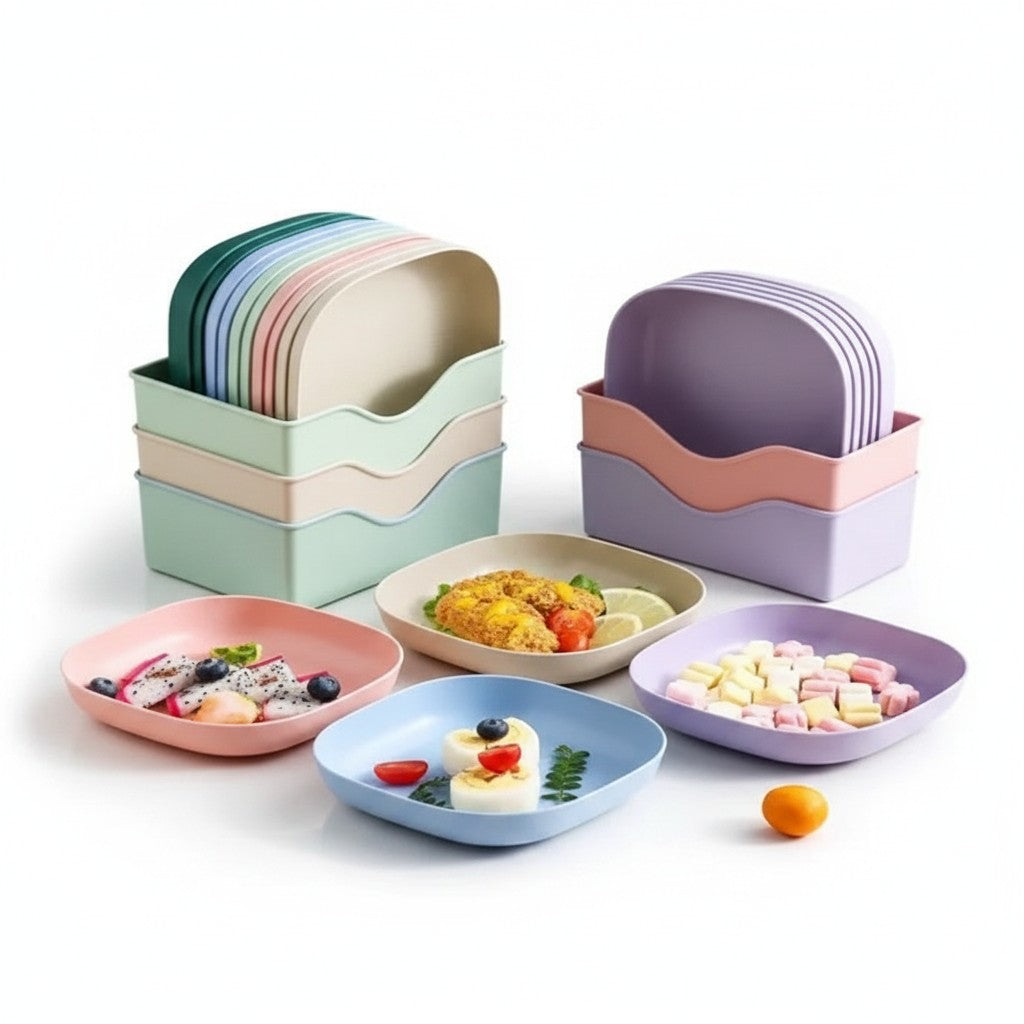 Kit com 10 pratos reutilizáveis Cucinamup em plástico colorido com suporte organizador para petiscos e sobremesas.