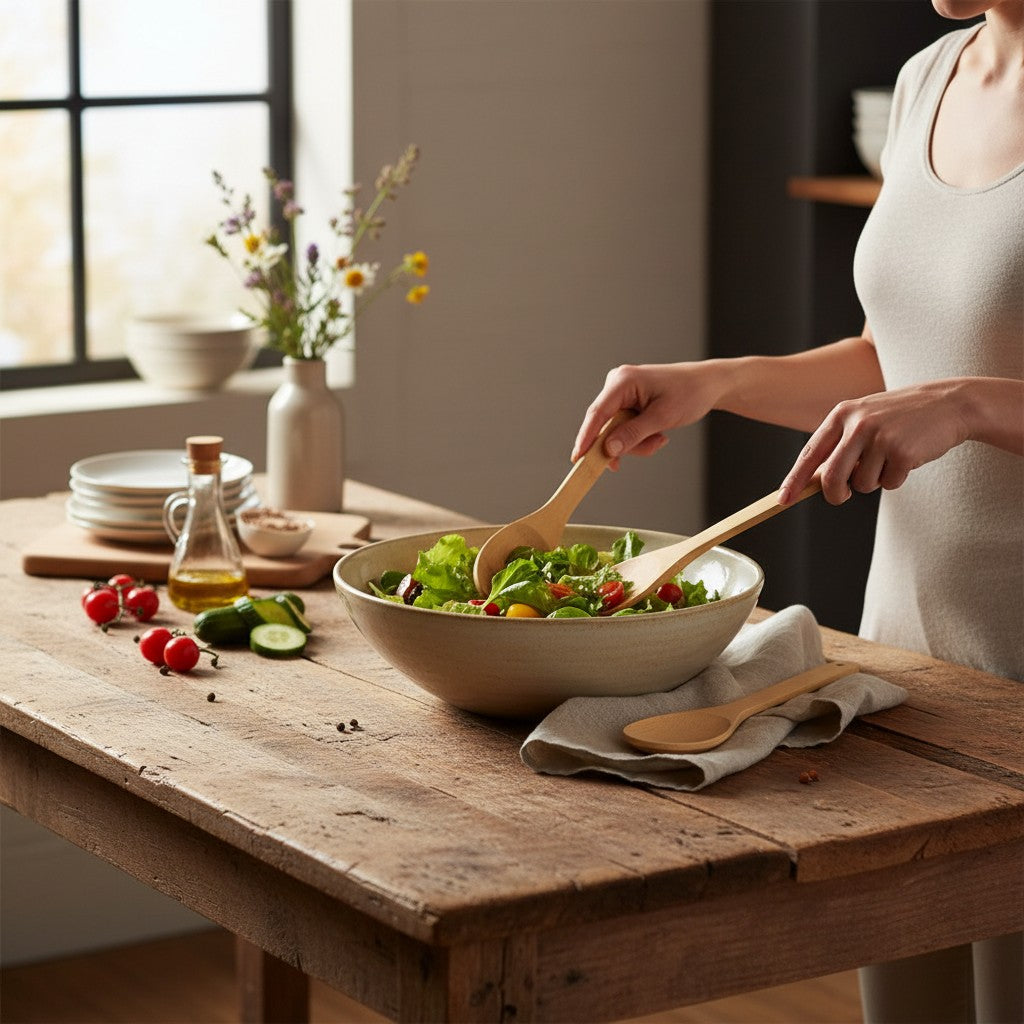 Pessoa usando colheres de bambu Cucinamup para servir salada em uma tigela de cerâmica sobre mesa de madeira rústica.