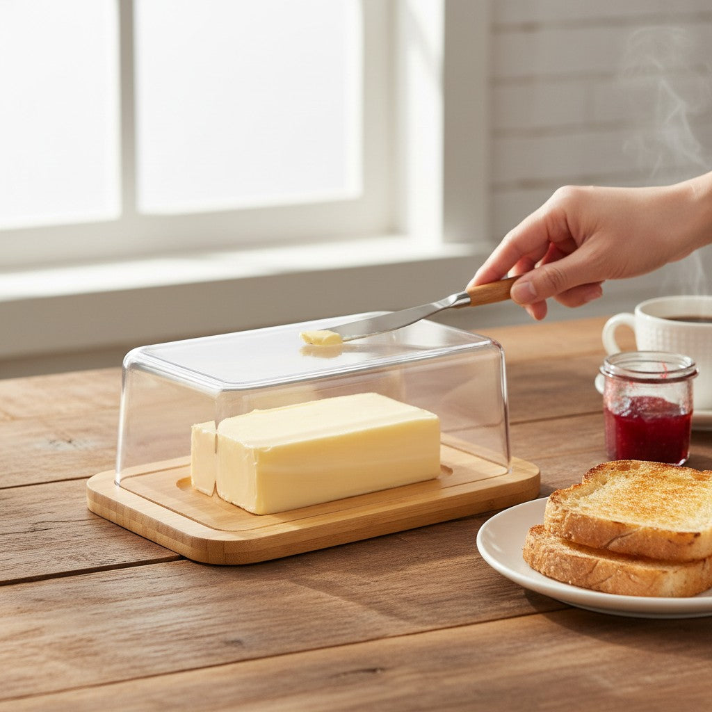 Manteigueira Cucinamup de bambu com tampa transparente hermética sendo usada para passar manteiga em uma torrada.