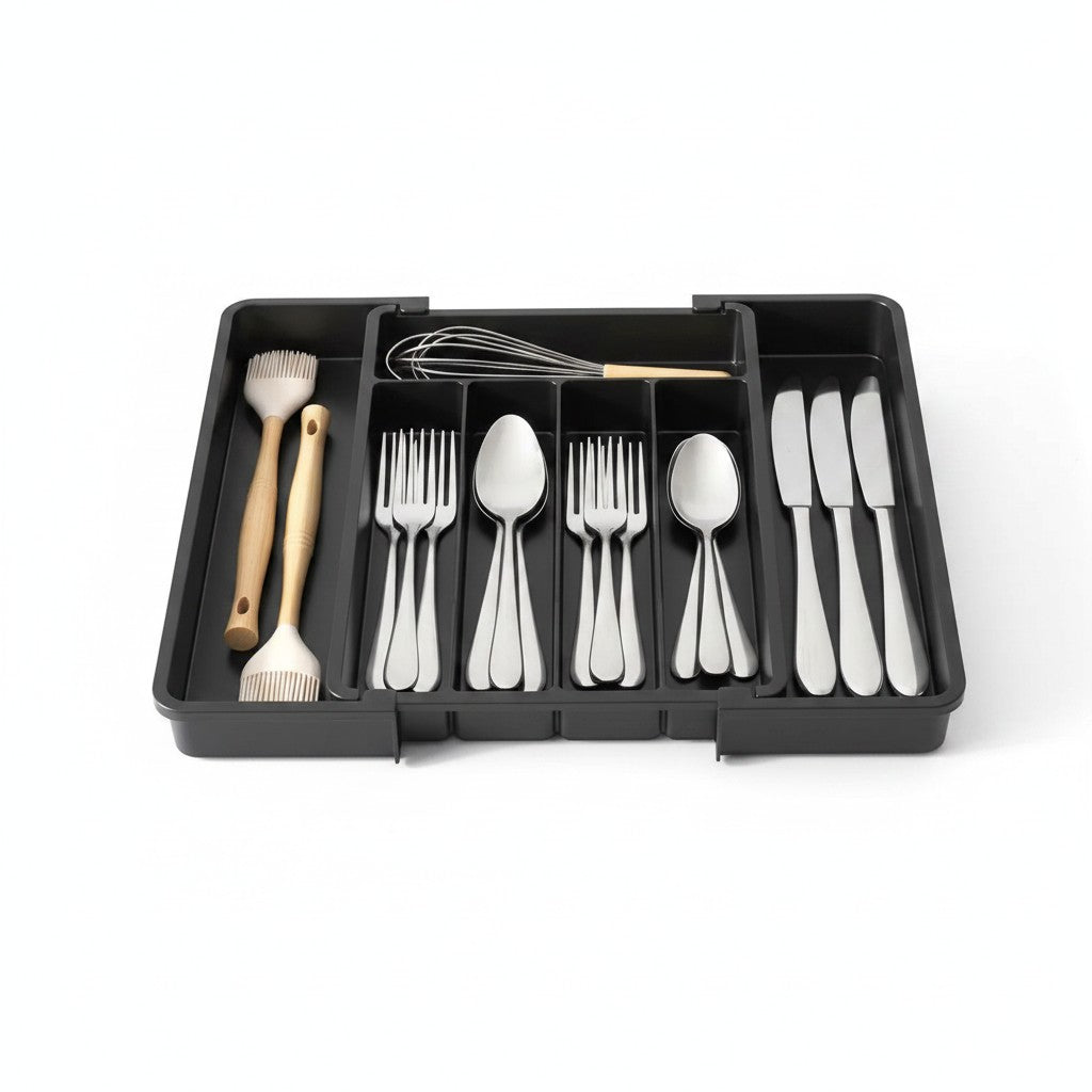 Organizador de talheres expansível Cucinamup em plástico preto com divisórias para utensílios de cozinha.
