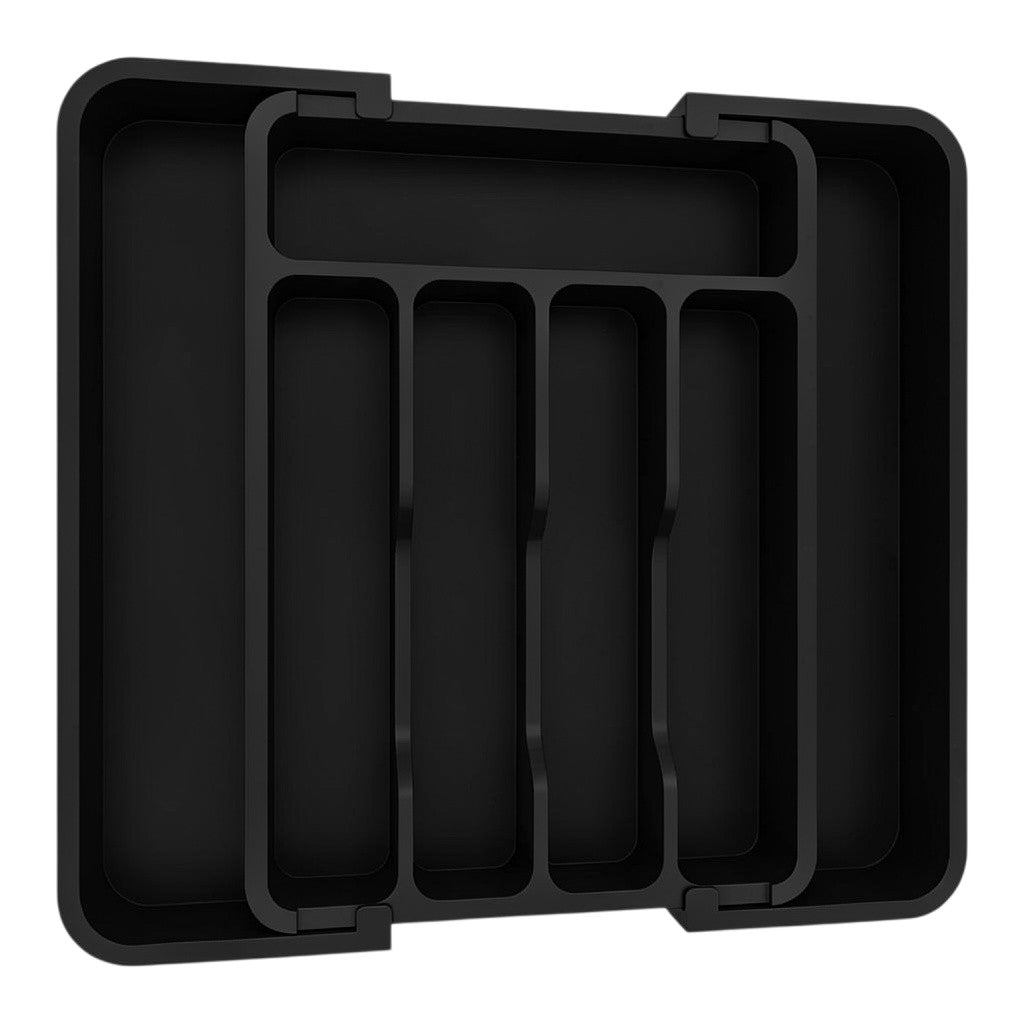 Organizador de talheres expansível preto Cucinamup para gavetas de cozinha com divisórias ajustáveis em plástico.