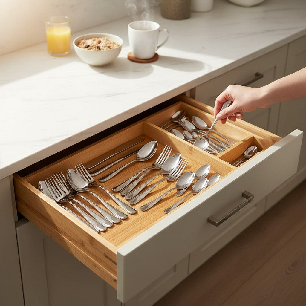 Organizador de talheres Cucinamup em bambu natural com divisórias organizando garfos e colheres em uma gaveta de cozinha.