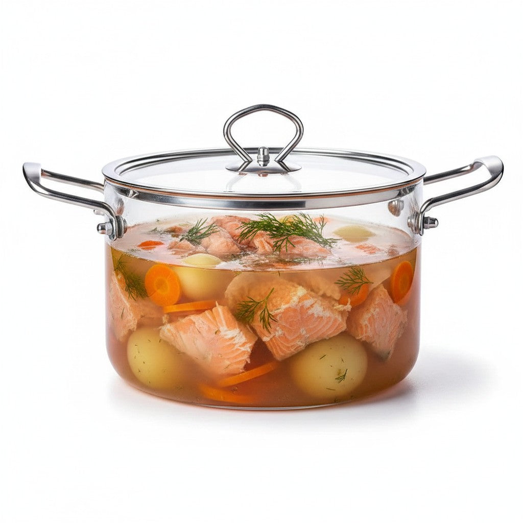 Panela de vidro Cucinamup com tampa e alças em aço inox contendo ensopado de salmão com legumes, vista frontal.