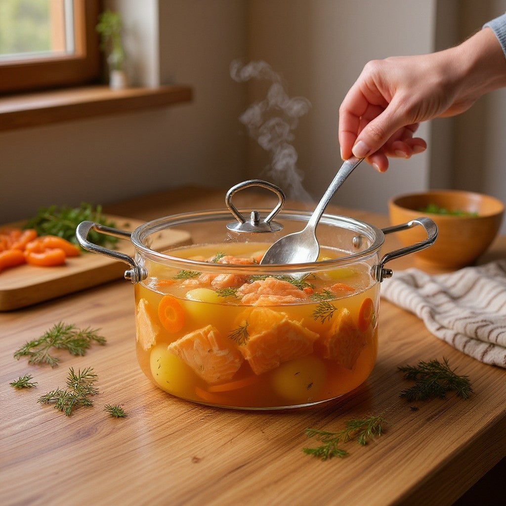 Panela de vidro Cucinamup com tampa e alças de inox, contendo sopa de salmão com legumes sendo mexida com uma colher.