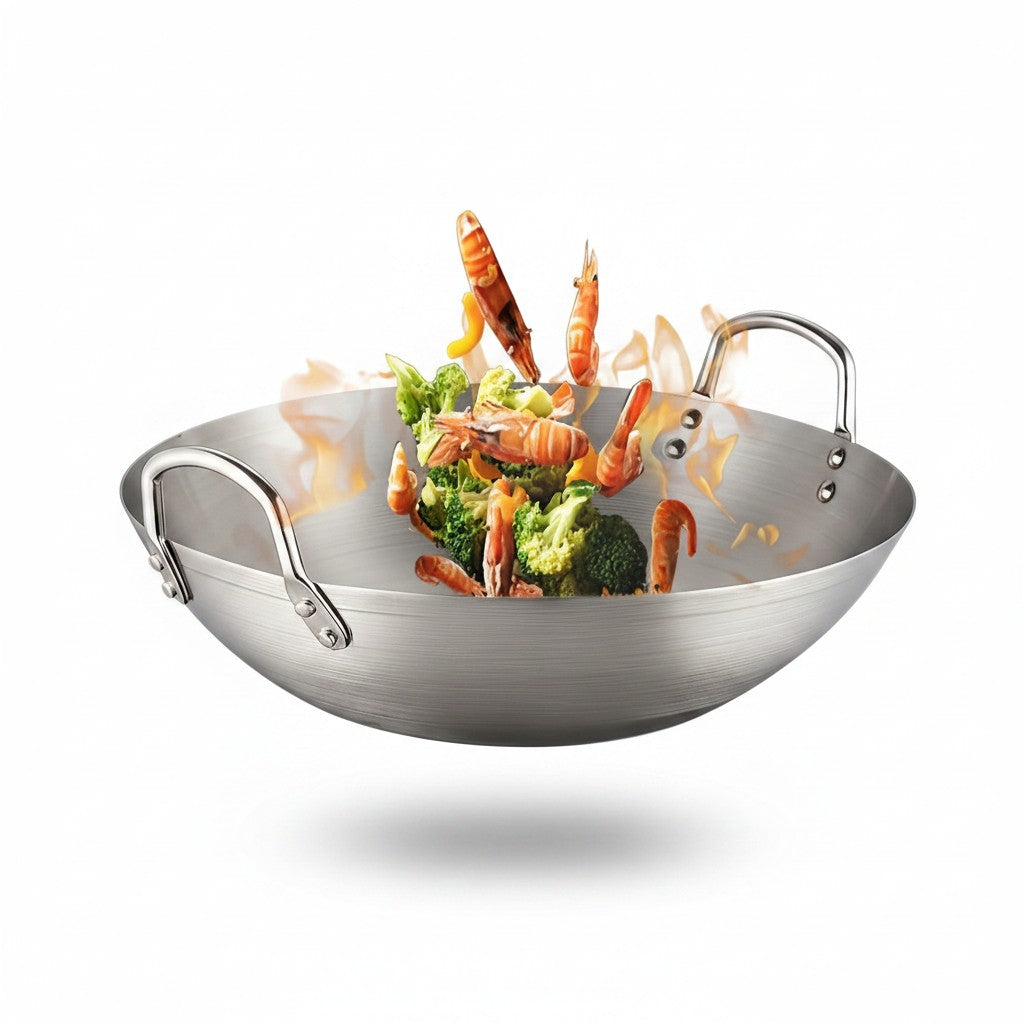 Panela Wok Cucinamup em aço inox 304 com alças laterais, preparando camarões e brócolis salteados com chamas.