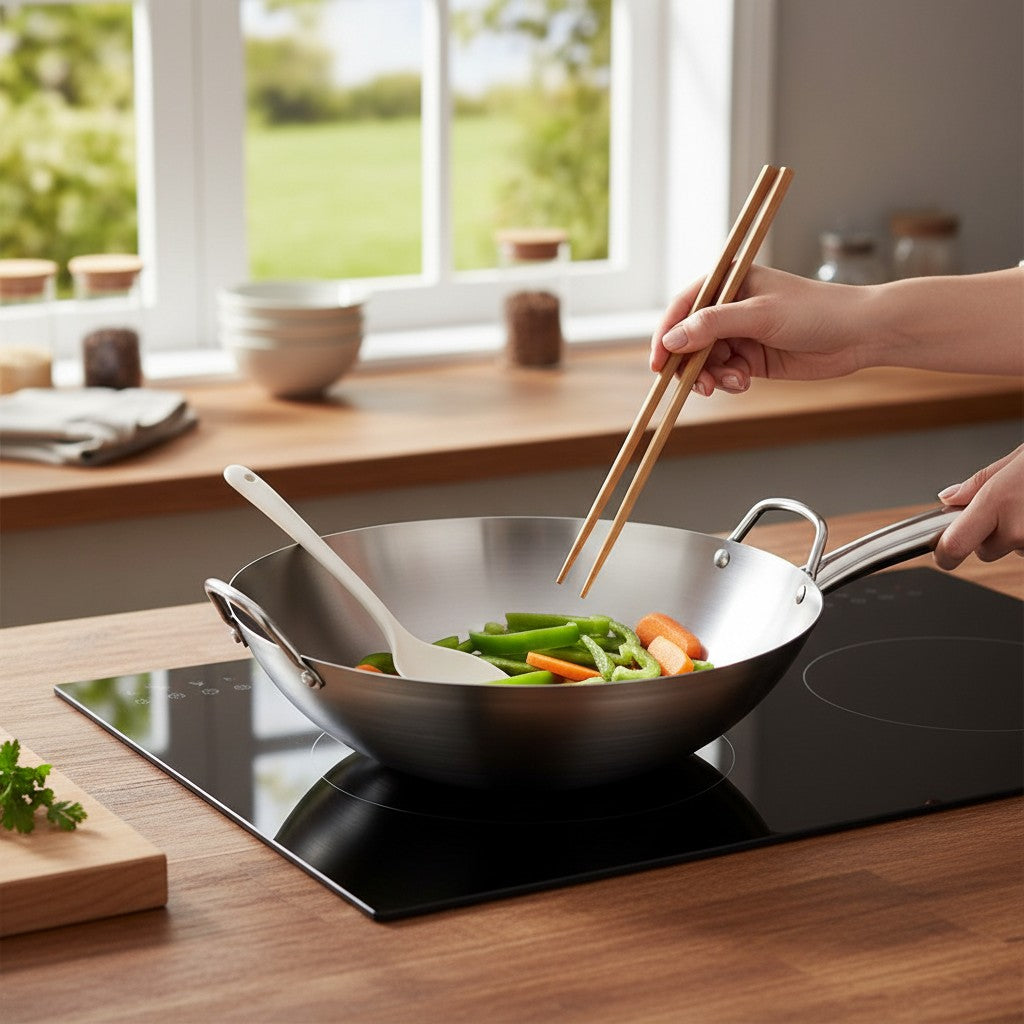 Panela Wok Cucinamup em aço inox 304 com alças laterais sendo usada para saltear legumes frescos em fogão de indução