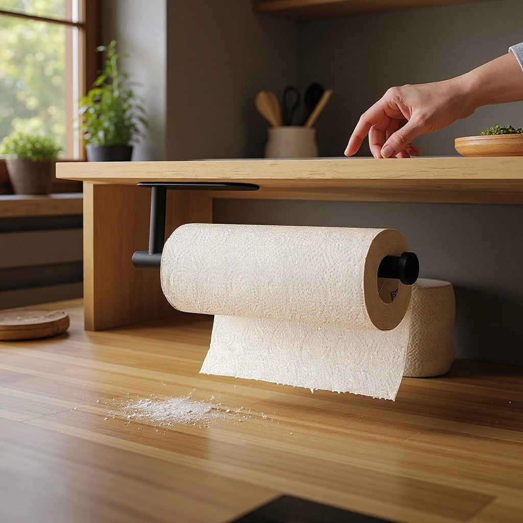 Porta papel toalha adesivo Cucinamup preto instalado sob prateleira de madeira em cozinha moderna.