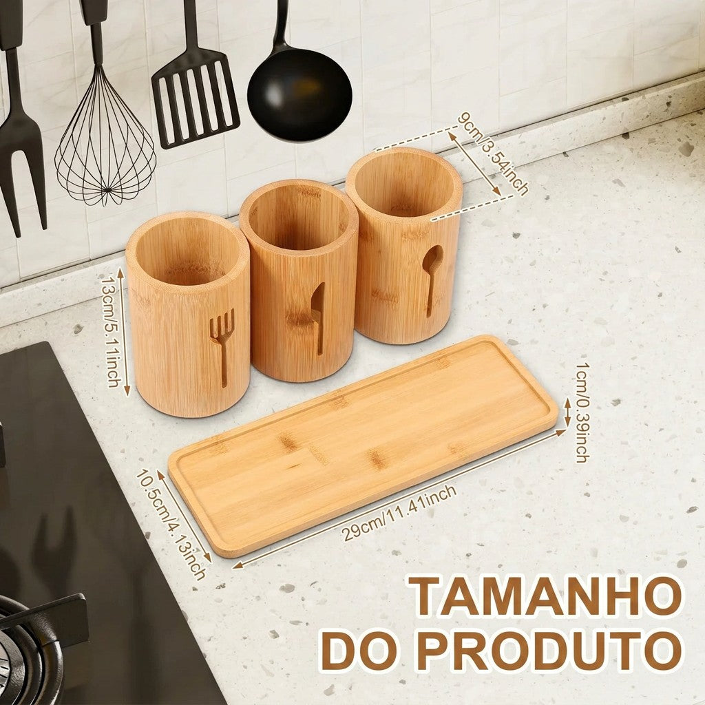 Kit Cucinamup com 3 porta talheres de bambu e bandeja organizadora em bancada de cozinha com medidas detalhadas