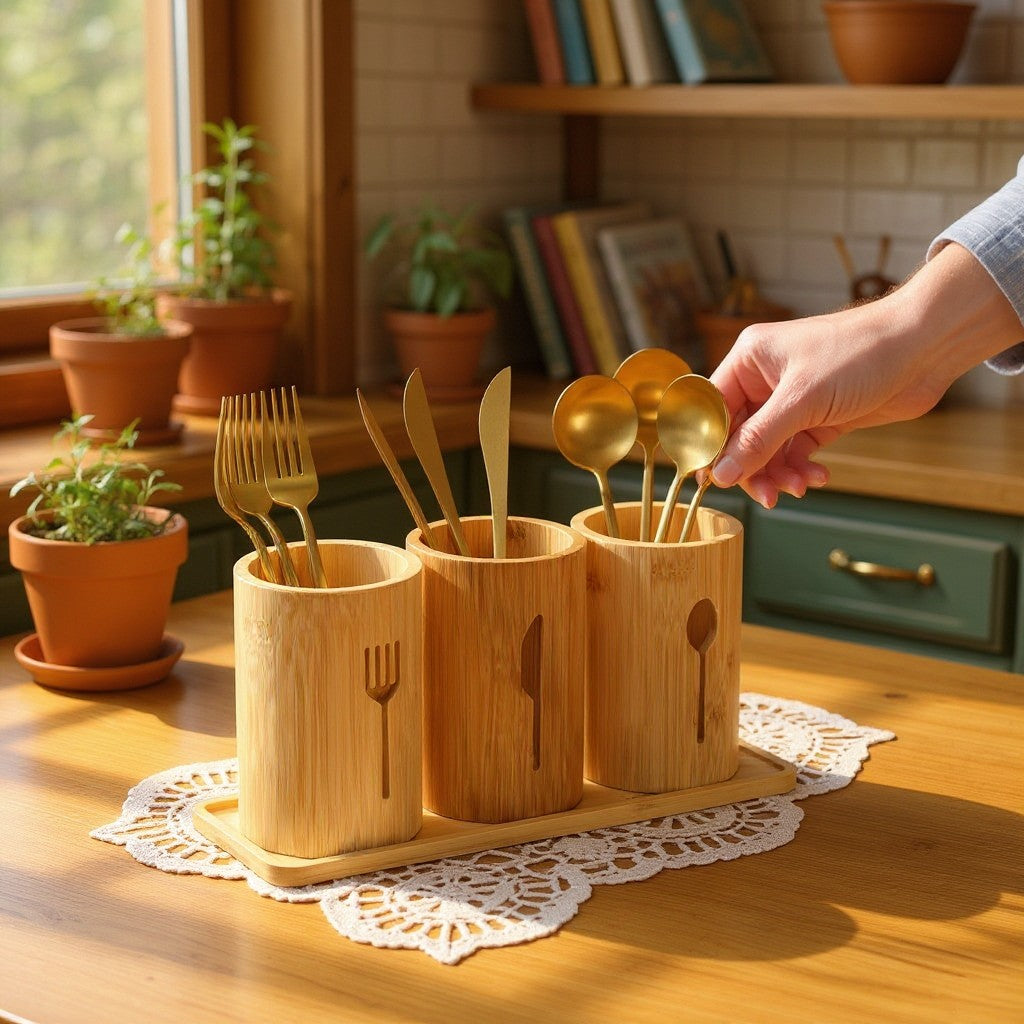 Kit Cucinamup com 3 porta talheres de bambu e bandeja organizadora sobre mesa de madeira com utensílios dourados.