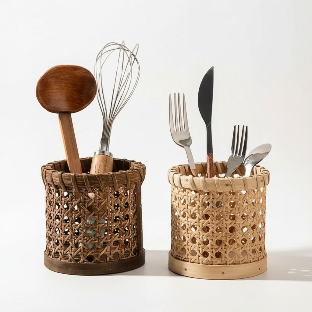 Dois porta talheres Cucinamup de bambu trançado, um escuro e um claro, organizando utensílios e talheres em bancada.
