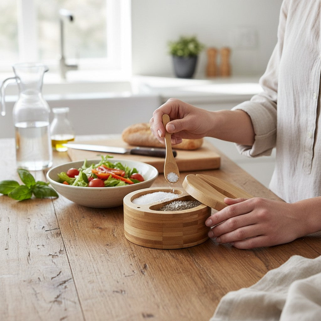 Pessoa usando colher de bambu para servir temperos de um porta temperos de bambu Cucinamup com dois compartimentos.